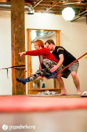 Indoor slackline using columns. Nowadays we will add tree protection.